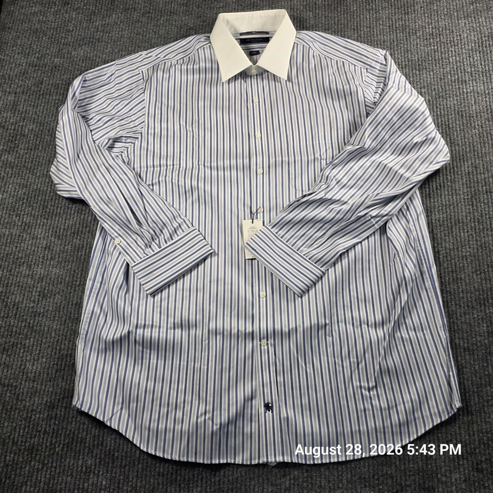 Hart Schaffner Marx Mens Pima Cotton Non-Iron Striped Dress Shirt 17.5 35 Blue
